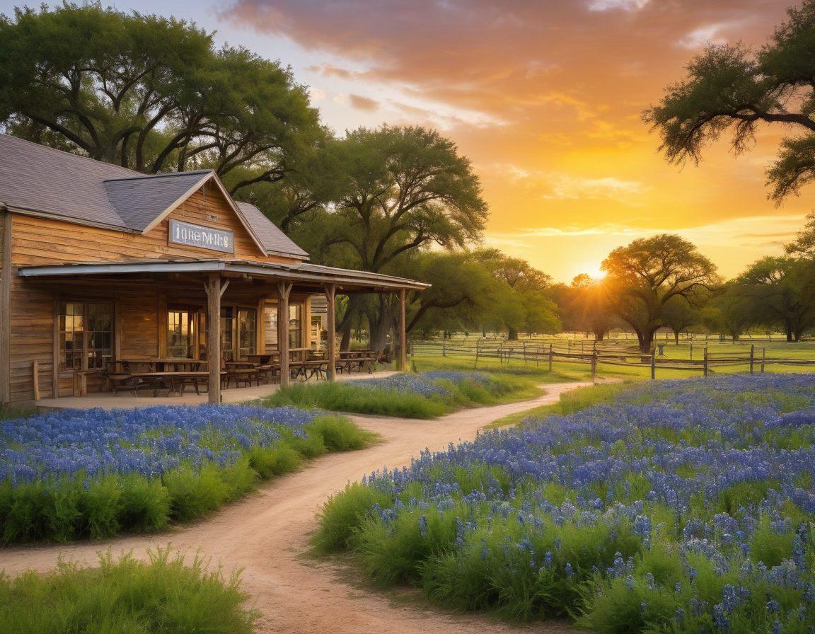 A picturesque Texas landscape featuring a charming family-oriented burger joint with rustic decor, surrounded by fields and bluebonnets. Families enjoying hearty country meals together at picnic tables, with a vibrant sunset in the background. The ambiance is warm and inviting, capturing the essence of community and Texas hospitality. vibrant colors. painting.